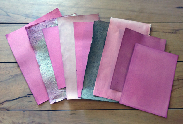 SELECTION OF PAPERS COATED WITHONE AND TWO LAYERS OF BEETROOT DYE COPYRIGHT NETTIE EDWARDS @lymilyon 2014