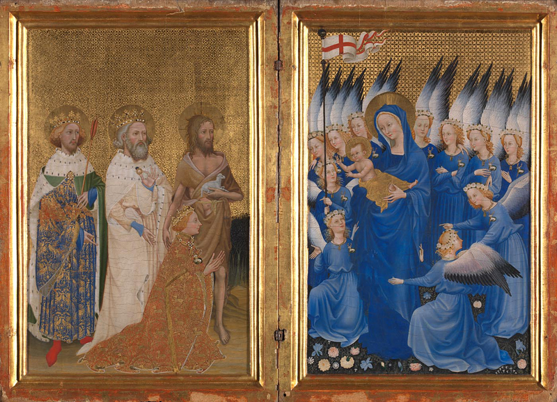 English or French (?) Richard II presented to the Virgin and Child by his Patron Saint John the Baptist and Saints Edward and Edmund ('The Wilton Diptych') about 1395-9 Egg on oak, 53 x 37 cm Bought with a special grant and contributions from Samuel Courtauld, Viscount Rothermere, C.T. Stoop and The Art Fund, 1929. NG4451 http://www.nationalgallery.org.uk/paintings/NG4451