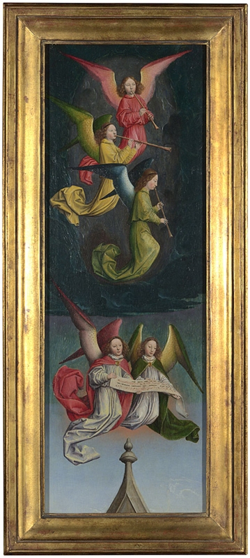 Simon Marmion, active 1449; died 1489 A Choir of Angels: From Left Hand Shutter about 1459 Oil on oak, 57.6 x 20.9 cm Bought, 1860 NG1303 This painting is part of the group: 'Fragments of Shutters from the St Bertin Altarpiece' (NG1302-NG1303) http://www.nationalgallery.org.uk/paintings/NG1303